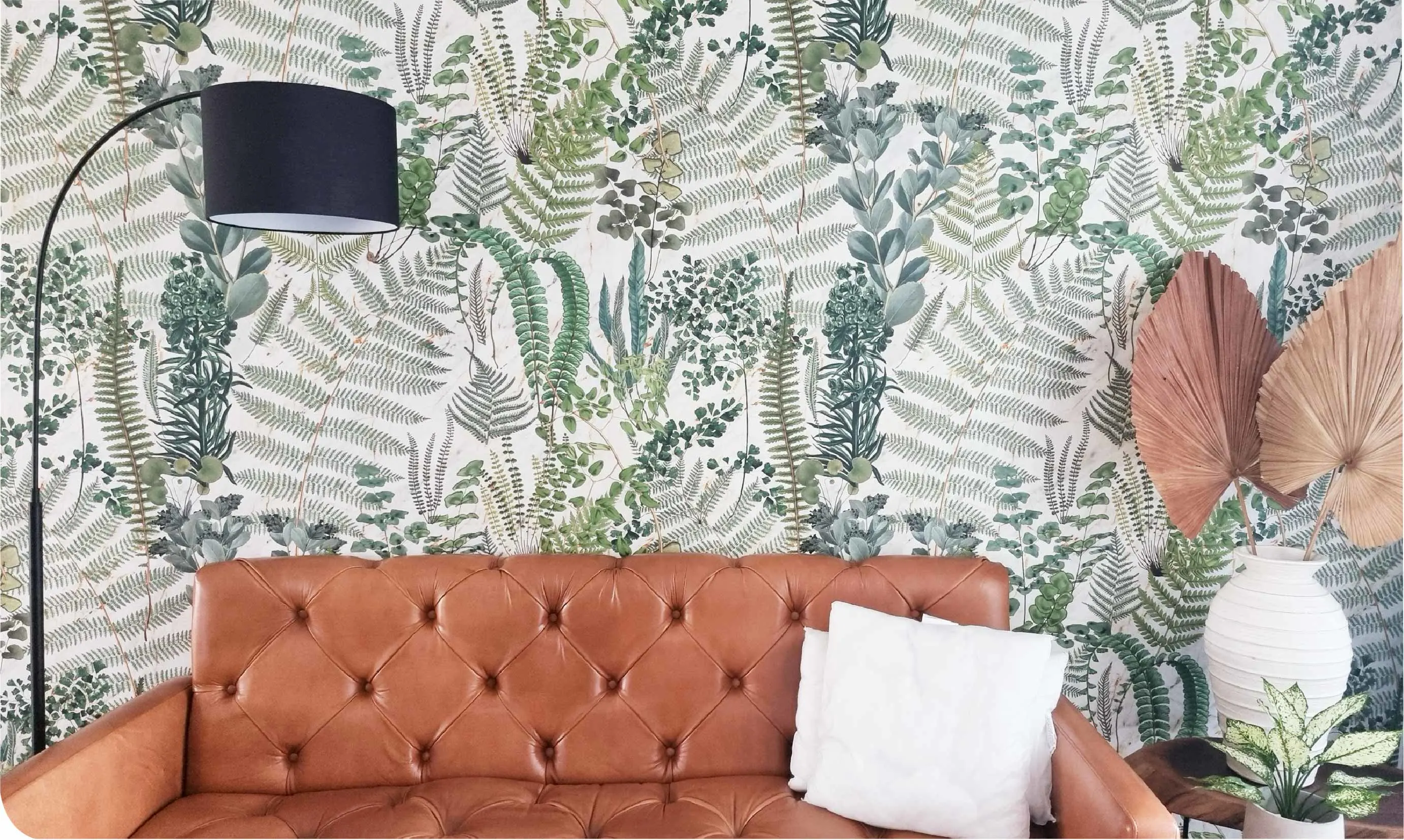 Beautiful Living Room Transformation with Leaf Background